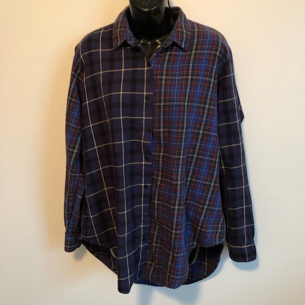 Zara woman blue multicolored plaid button down tunic top medium